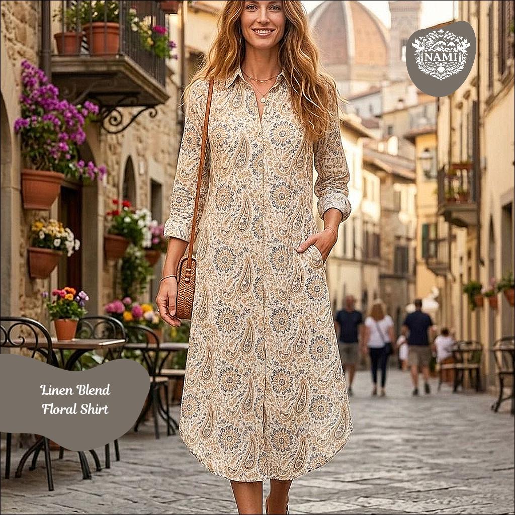 Linen Blend Floral Shirt Dress