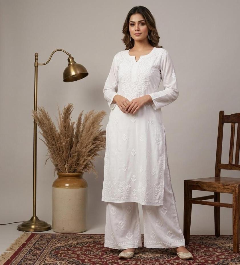 Handwork Chikanari Muslin Palazzo Set with Kurti and Palazzo