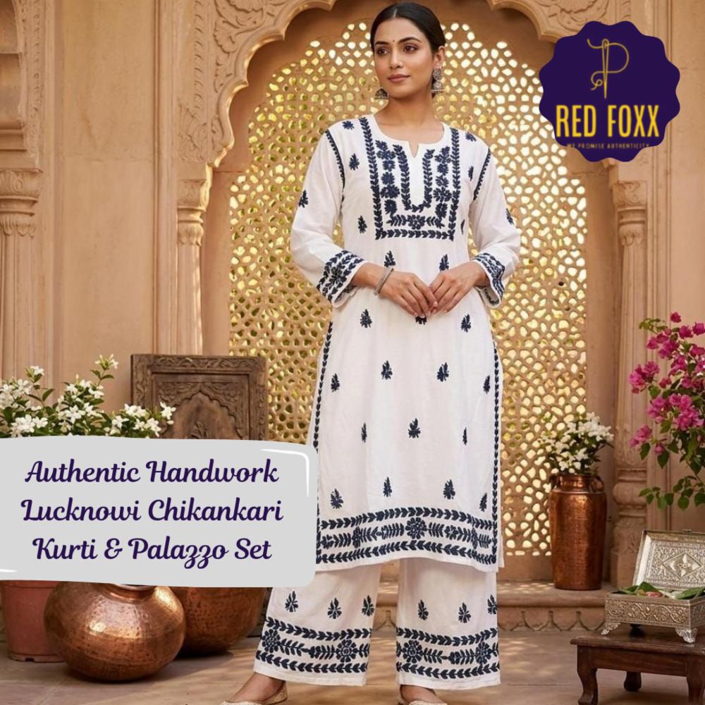 White Super Rayon Lucknowi Chikankari Kurti and Palazzo Set 