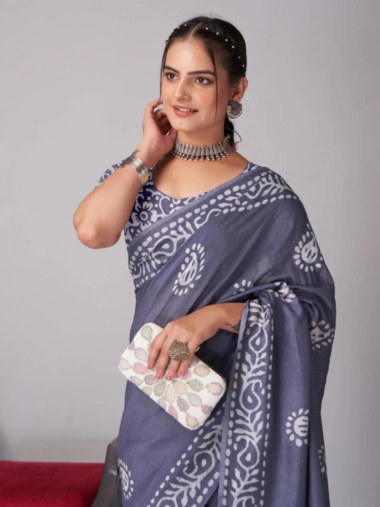 Women's Grey & White Cotton Batik Print Saree with Floral Motifs and Paisley Border