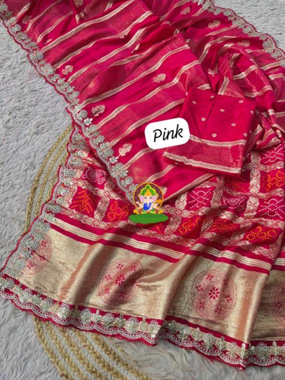 Dola Viscose Weaving Bandhej Saree with Gotapatti Foil Work and Running Blouse