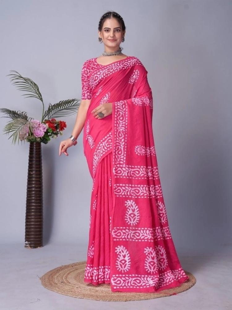 Women's Ethnic Pink & White Batik Printed Cotton Saree Fabric-65x65 Cotton