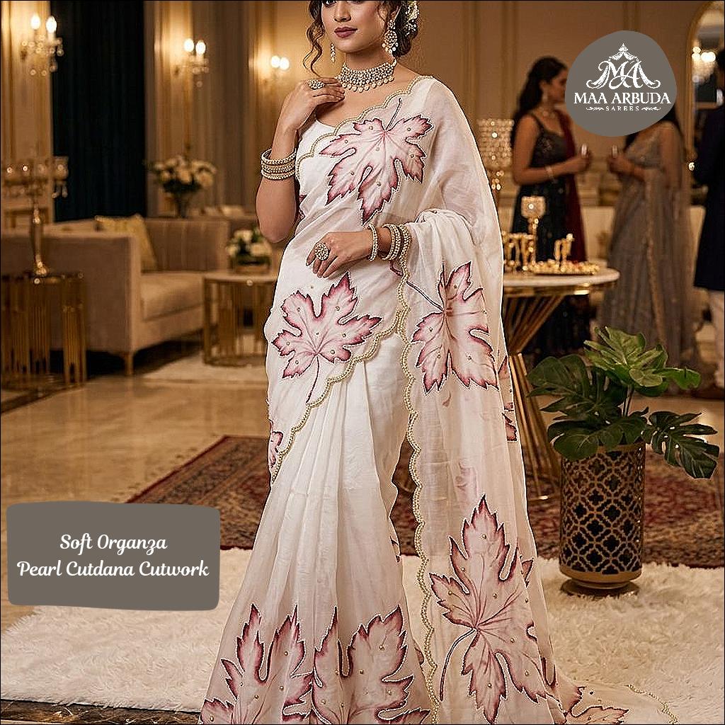 Organza Tabi Pearl Embroidery Printed Saree with Unstitched Blouse!