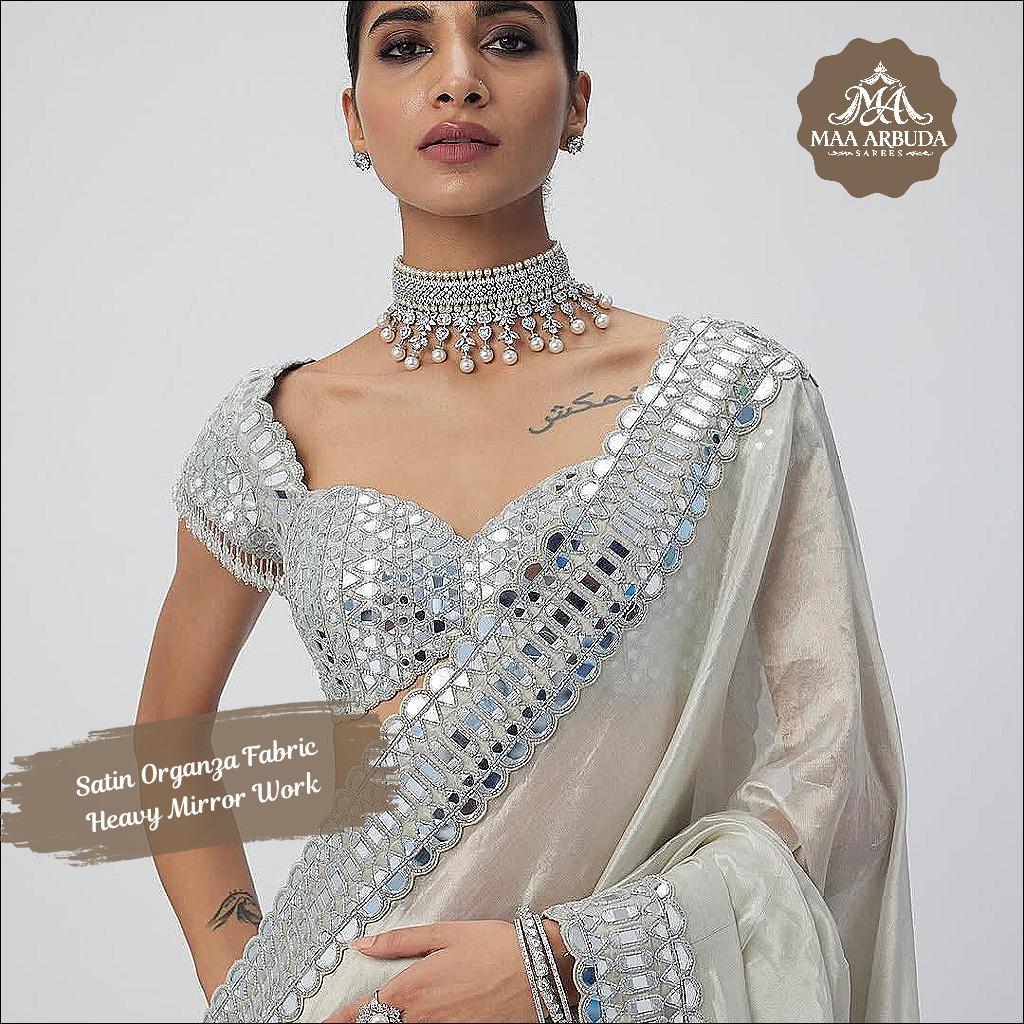 Sift Satin Organza Saree with Real Mirror Work Embroidery and Unstitched Blouse!