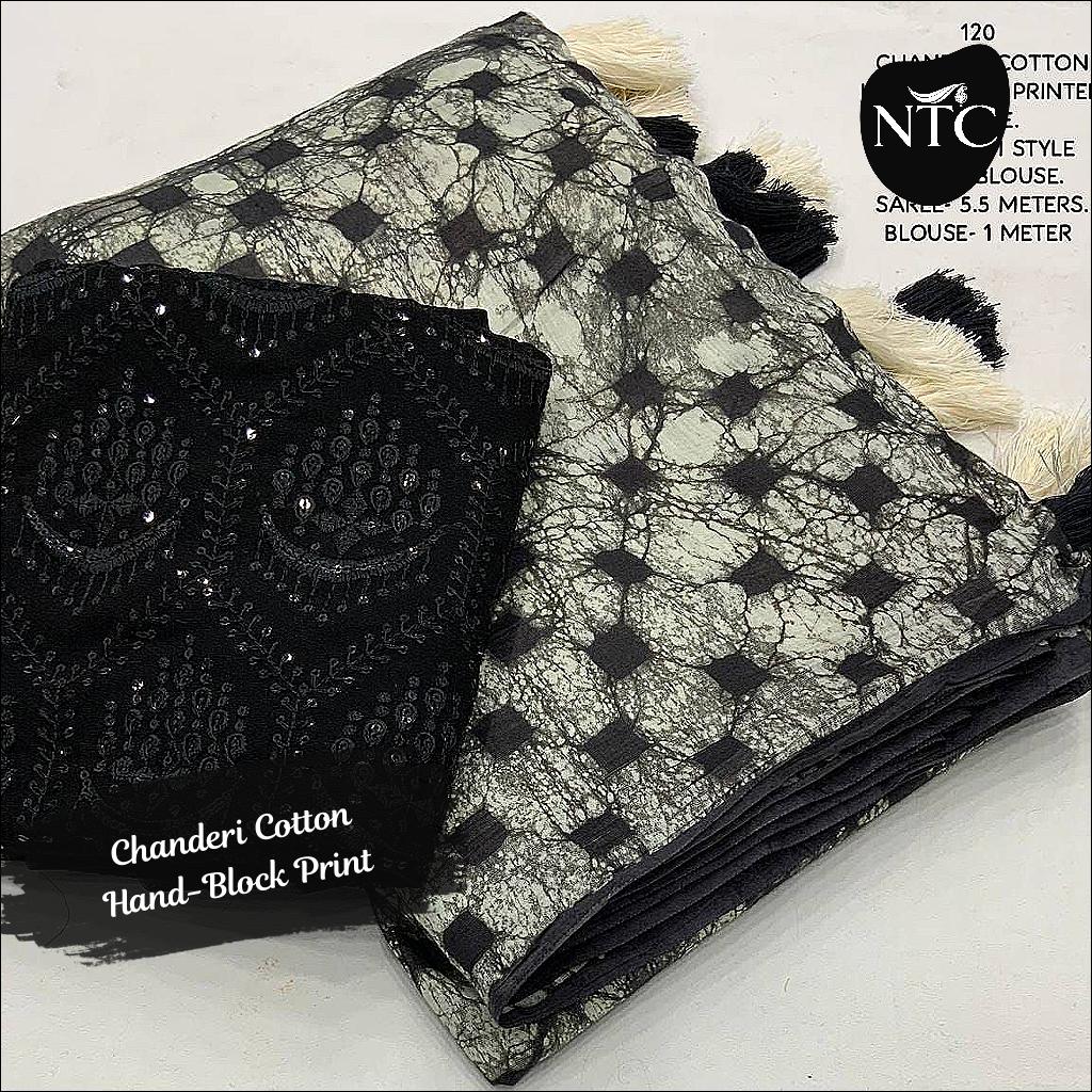 Soft chanderi cotton saree with hand-block print in khaki grey and black embroidery blouse!