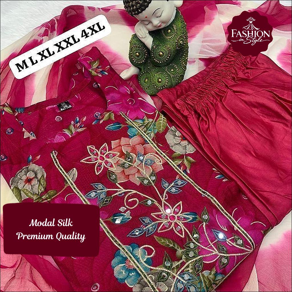 Designer Modal Silk Kurti Pant Dupatta Set!