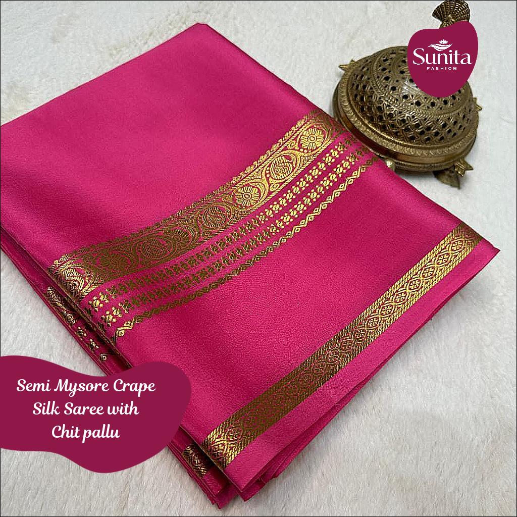 Semi Mysore Crape Silk Saree with Fancy Border and Chit Pallu