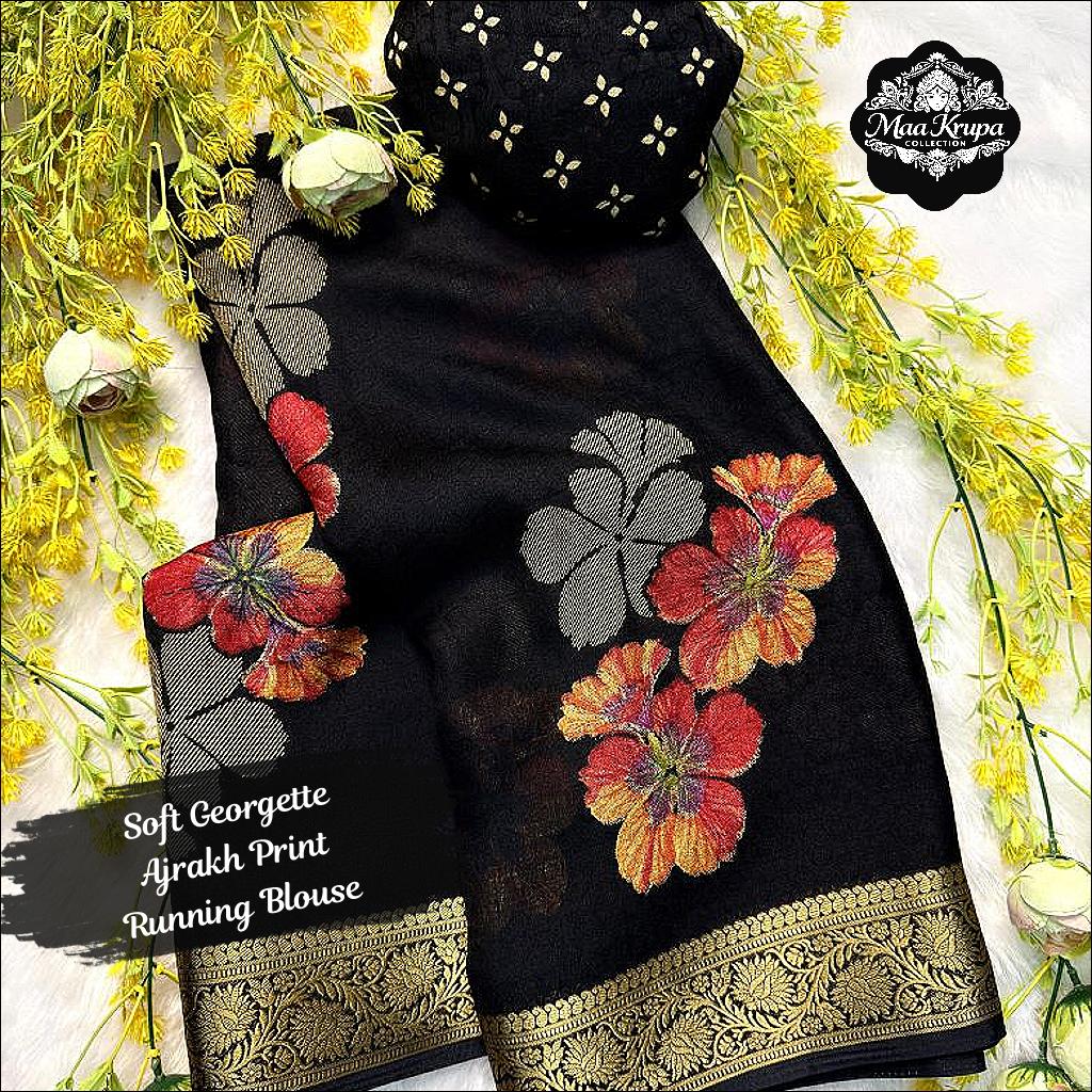 Marsh Mellow Soft Georgette Saree with Ajrakh Print and Jacquard Border