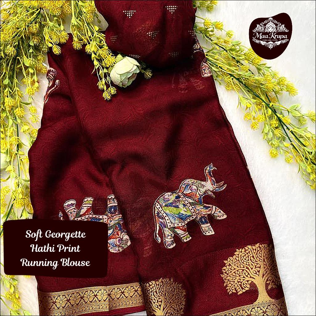 Soft Georgette Hathi Print Saree with Foil Work and Flower Border
