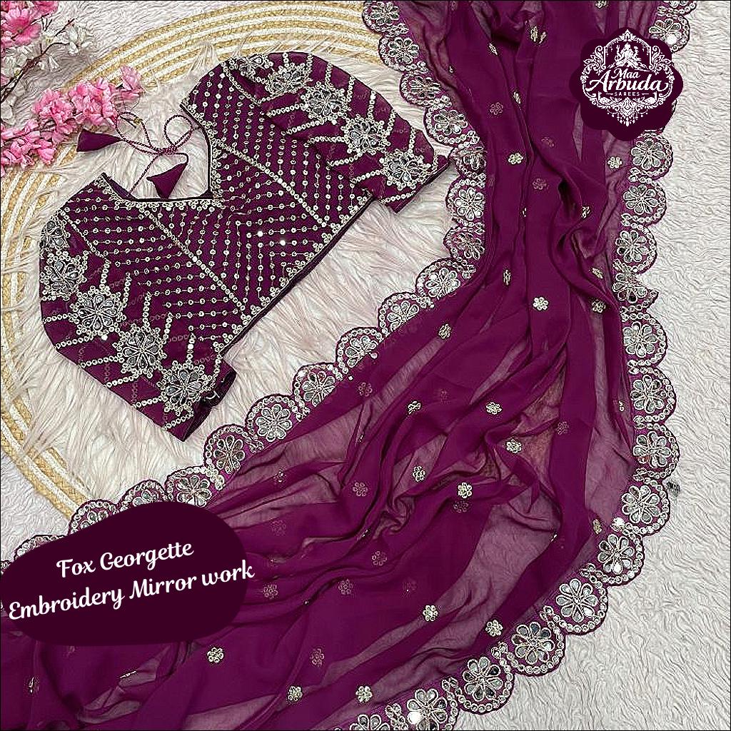 Mirror Work Georgette Saree with Embroidery and Stitched Blouse!