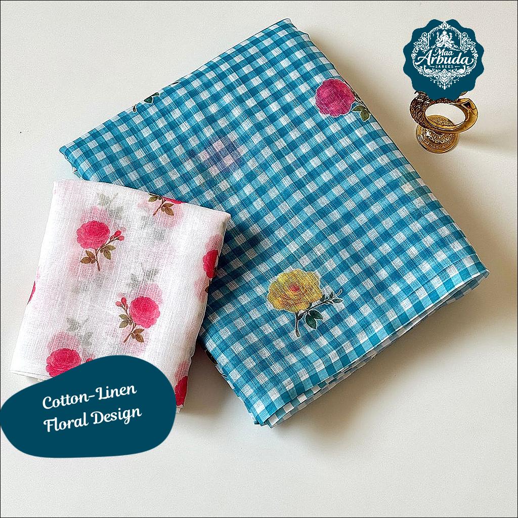 Soft Linen Cotton Saree with Chex and Floral Print!