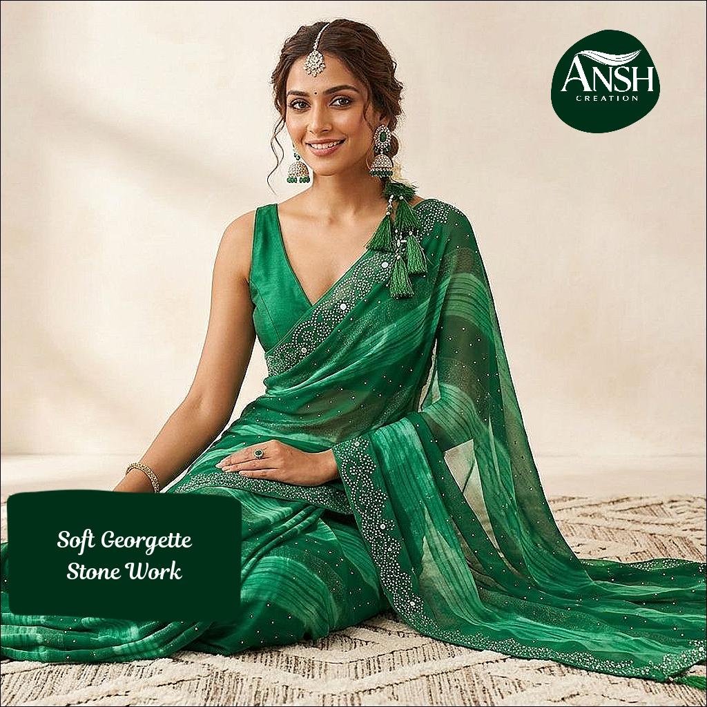 Bright Green Georgette Stone Work Party Wear Saree