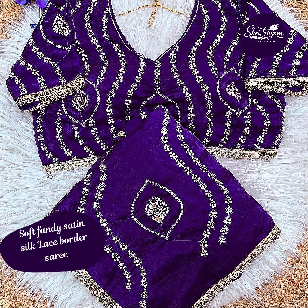 Pure Soft Fandy Satin Silk Saree with Handwork & Fancy Lace Border
