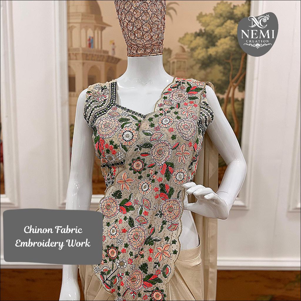 Chinon Ready to Wear Embroidered Saree with Embroidered Blouse!