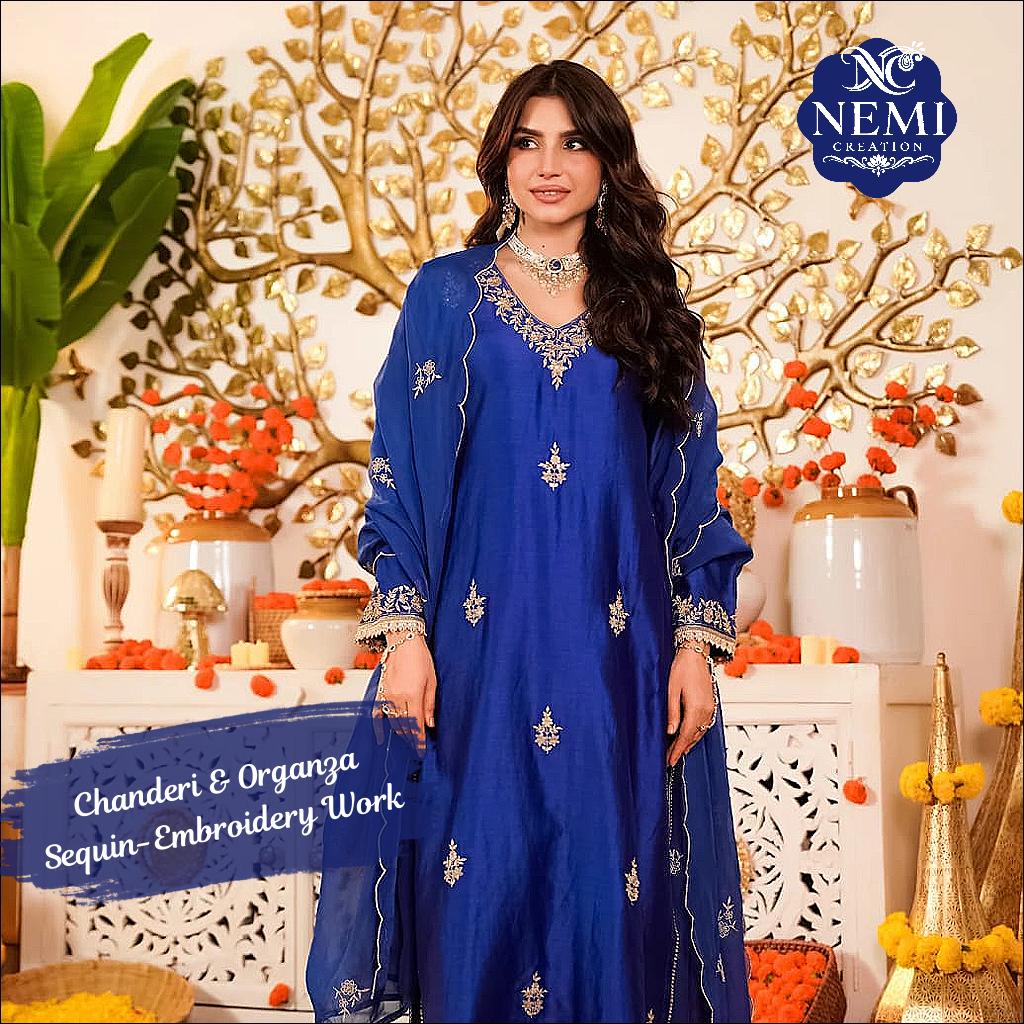 Pure Viscose Chanderi Kurta Set with Sequin Embroidery and Organza Dupatta!