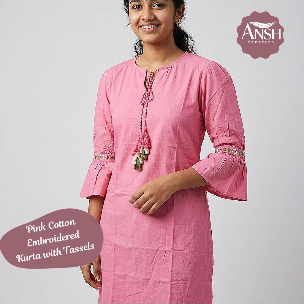 Pink Cotton Embroidered Kurta with Tassels