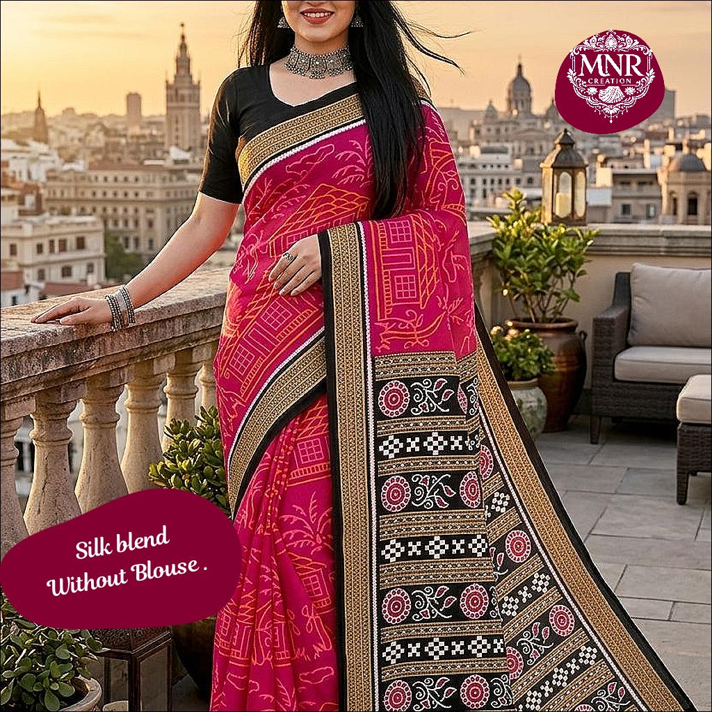 Magenta Patola Print Silk Saree with Black Contrast Border (Without Blouse)