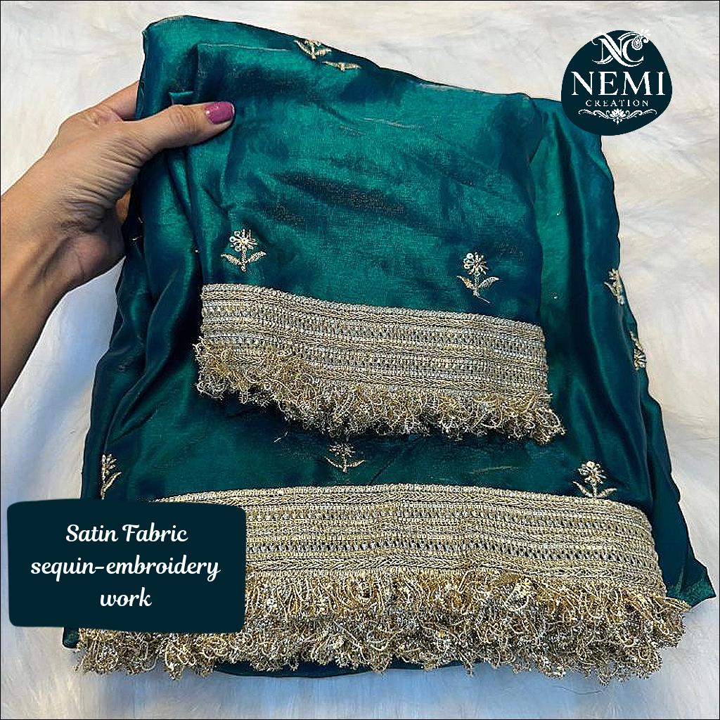 Space Satin Sequin Embroidery Saree with Contrast Blouse!