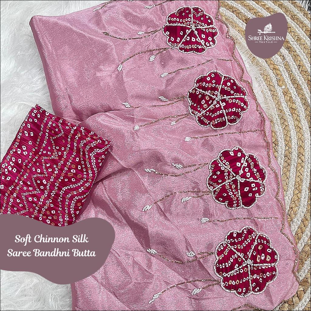 Soft Chinnon Silk Saree with Hand Cutdana and Bandhni Butta