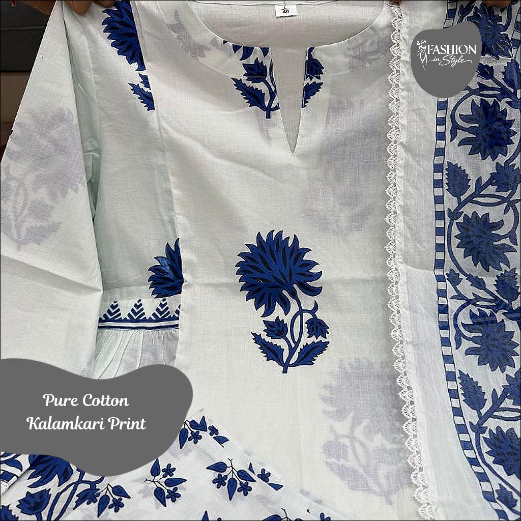 Designer Kalamkari Print Pure Cotton Suit Set with Pants and Dupatta!