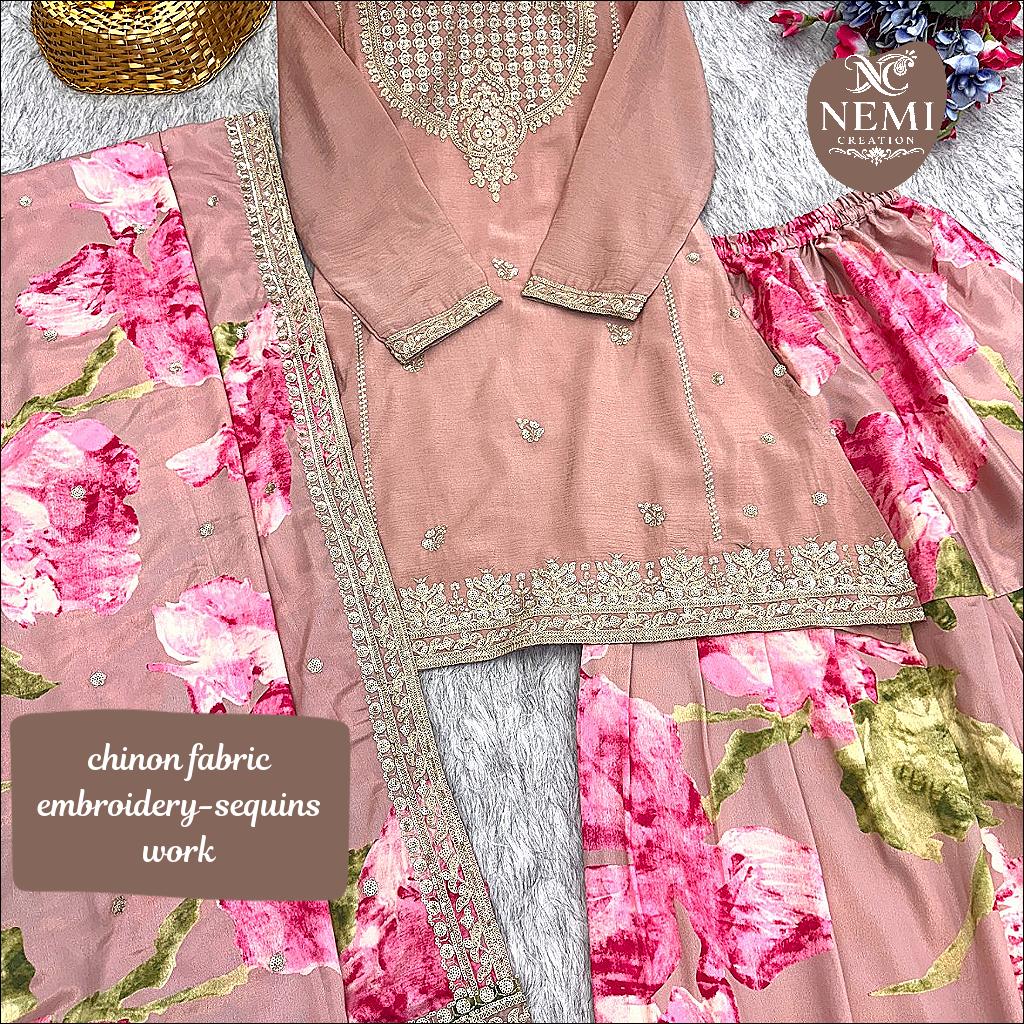 Heavy Chinon Suit Set with Embroidery and Digital Print for Women!