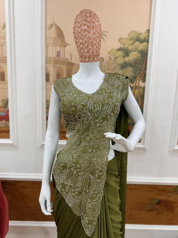 Ready to Wear Chinon Embroidered Saree with Blouse!