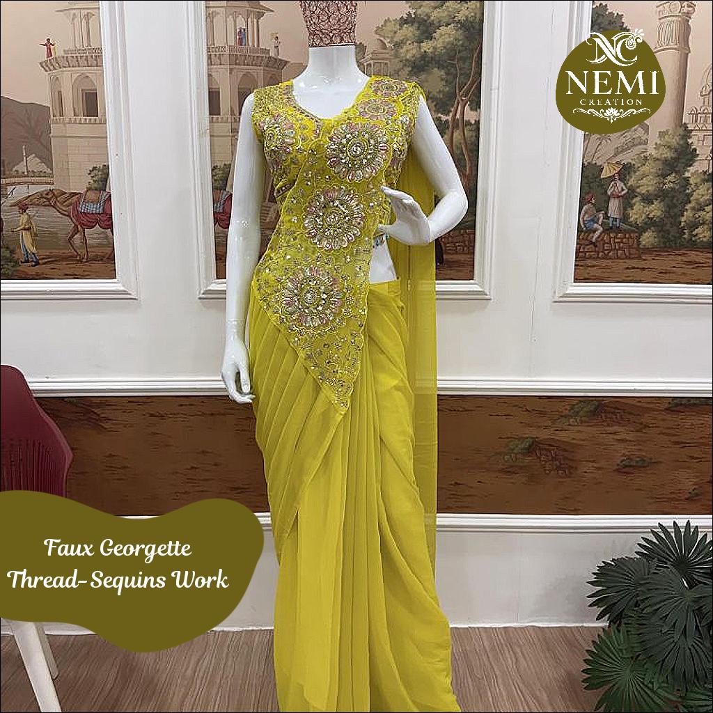 Ready to Wear Faux Georgette Saree with Embroidered Blouse!