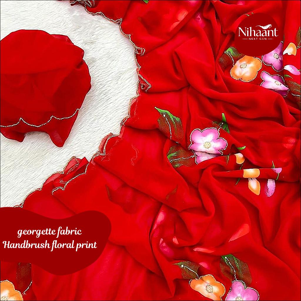 Pure Georgette Handwork Saree with Handbrush Floral Design!