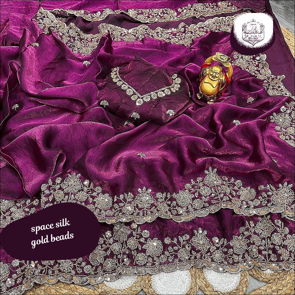 Heavy Pure Space Silk Saree with Gold Beads Work and Cutwork Border!
