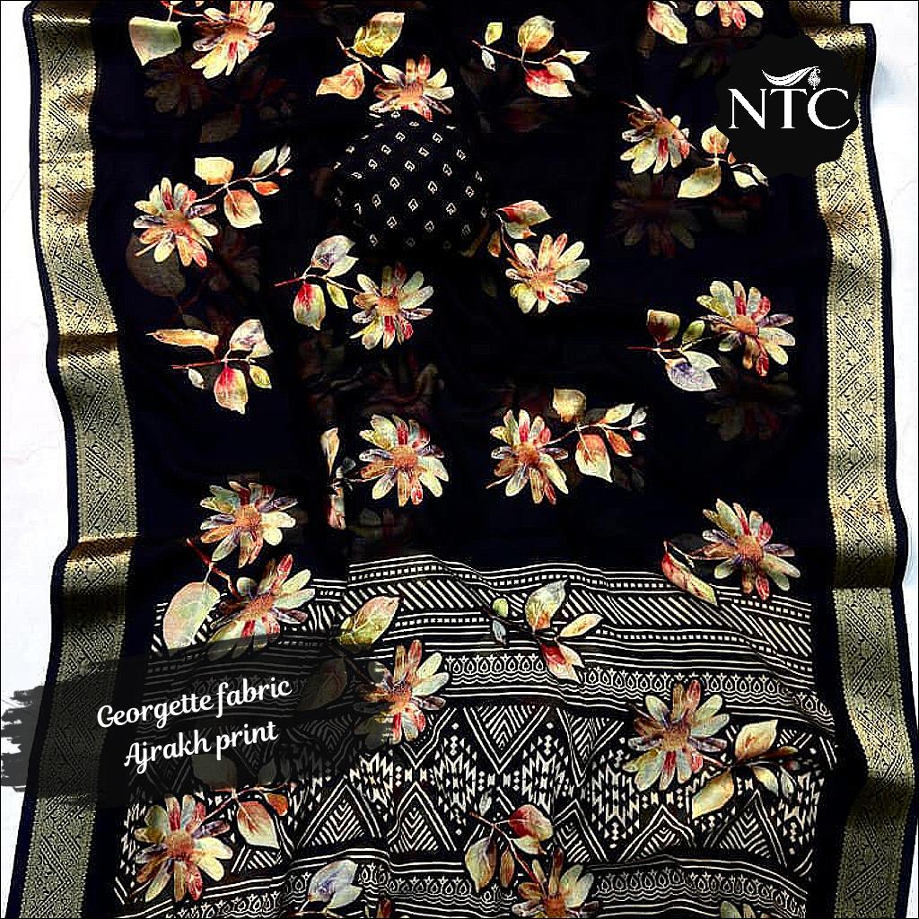 Soft Georgette Ajrakh Print Saree with Jacquard Border and Running Blouse!