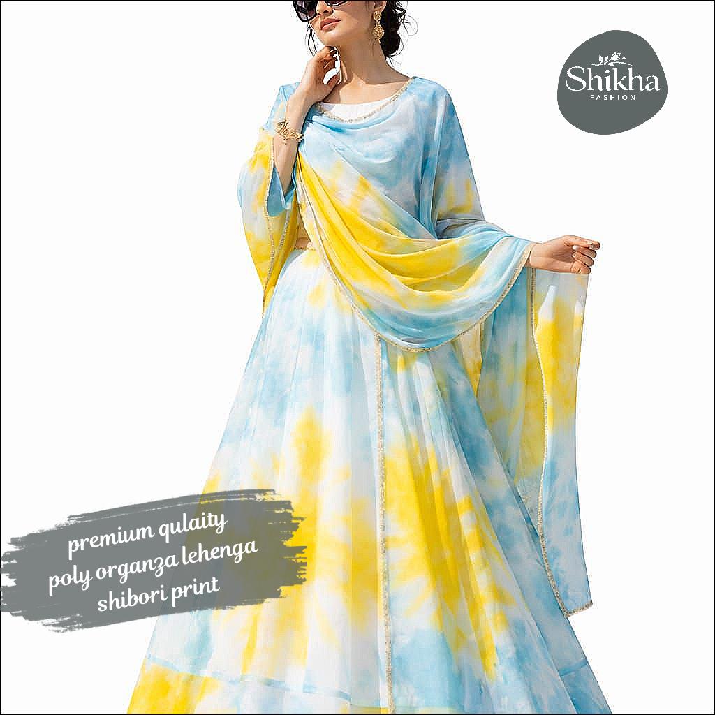 poly Organza Tie and Dye Lehenga Choli with Plain Blouse and Dupatta