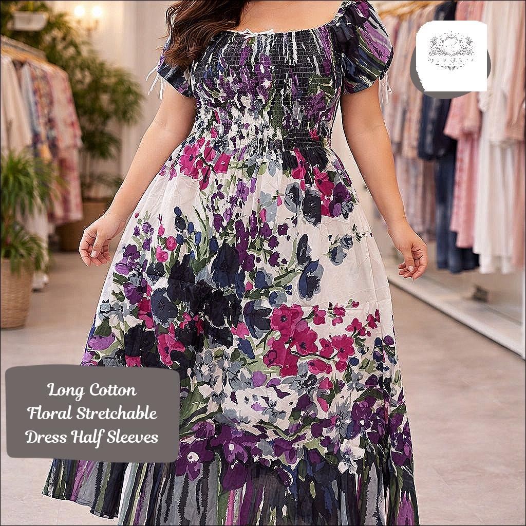 Long Cotton Floral Stretchable Dress Half Sleeves