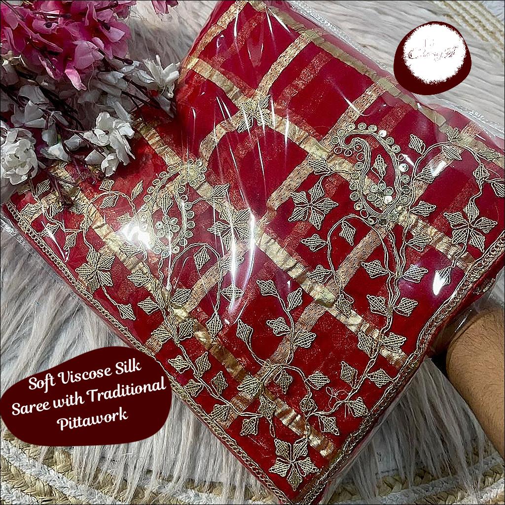 Soft Viscose Silk Saree with Traditional Pittawork and Heavy Blouse