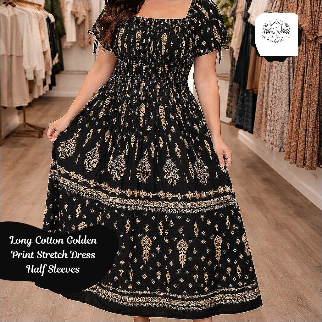 Long Cotton Golden Print Stretch Dress Half Sleeves Free Size