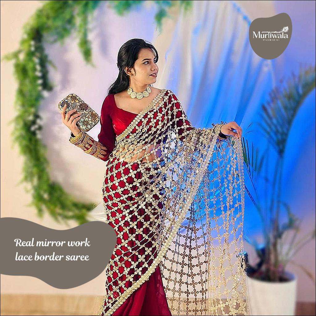 Fandy Satin Real Mirror Work Saree with Fancy Pallu and Heavy Work Blouse