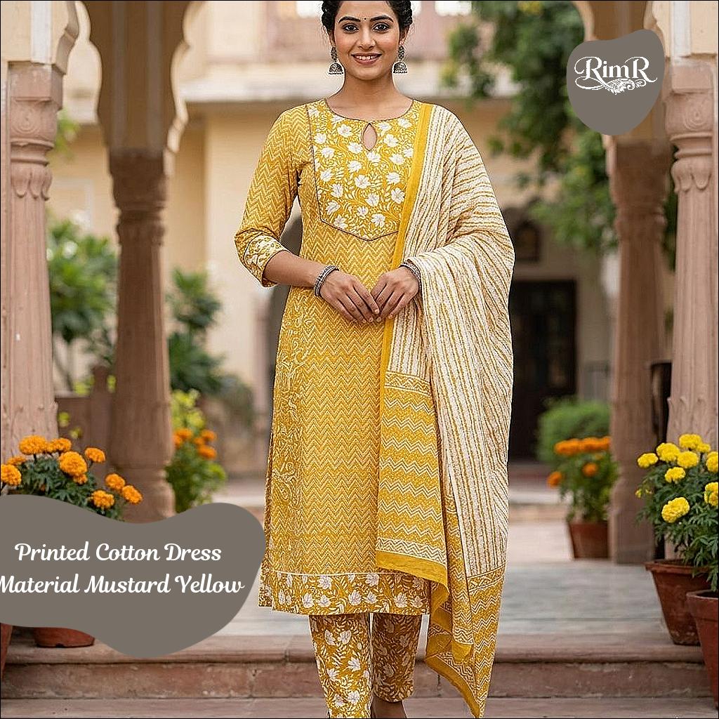 Printed Cotton Dress Material Mustard Yellow