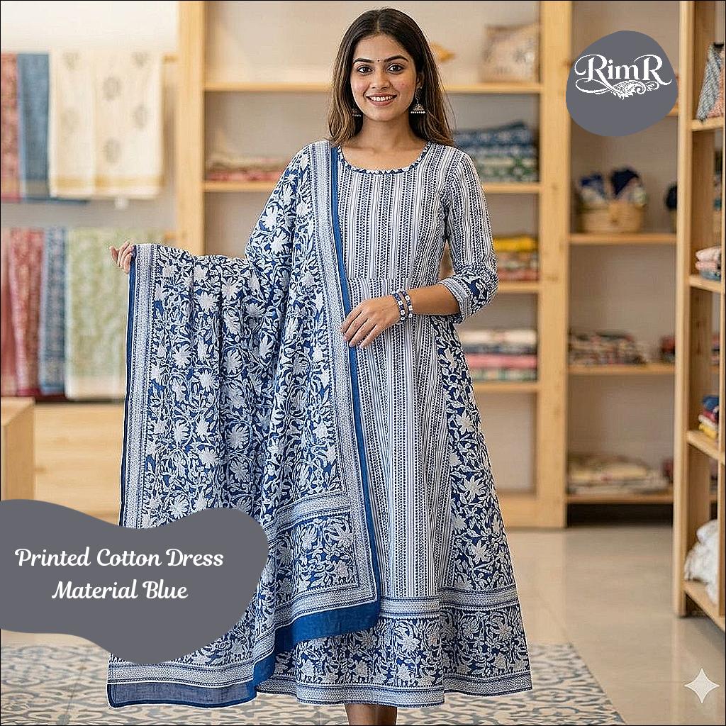 Printed Cotton Dress Material Blue, Top 2m, Bottom 2m, Dupatta 2.15m