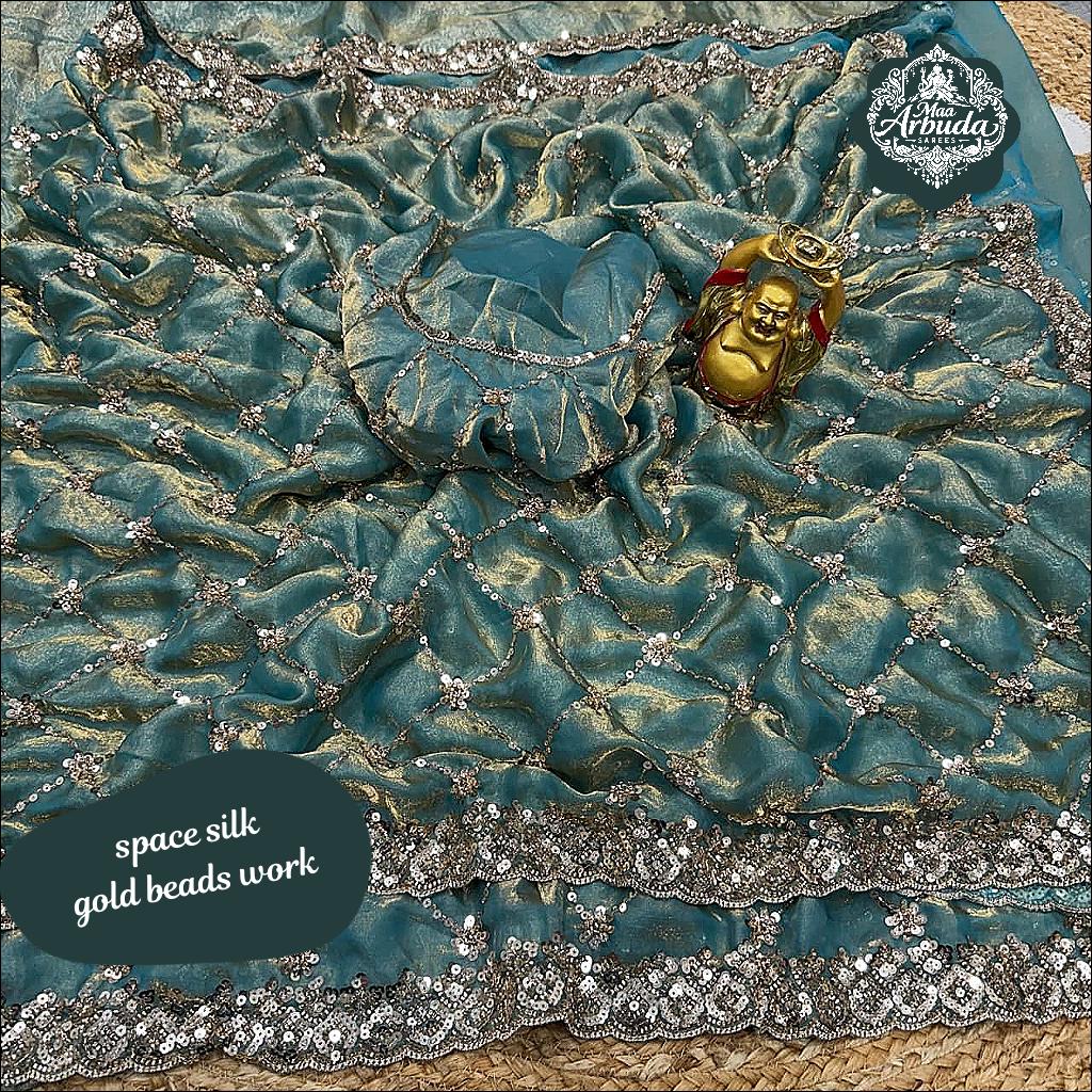Party Wear Fandy Silk Saree with Gold Beads Work and Velvet Shine!
