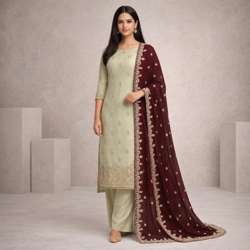 Unstitched Vichitra Silk Dress Material with Embroidered Top and Heavy Border Dupatta