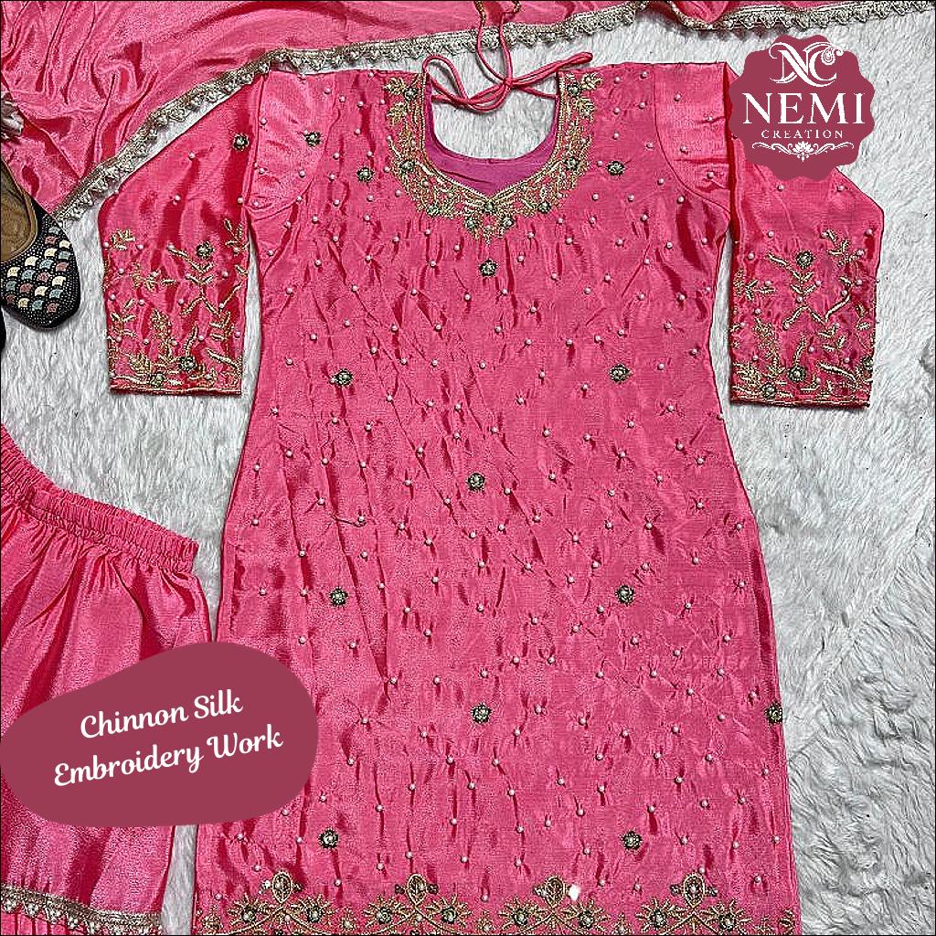 Pure Heavy Chinnon Silk Suit Set with Embroidery and Moti Handwork!