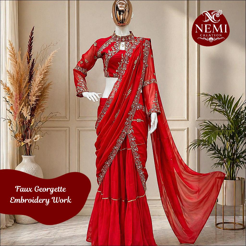 Faux Georgette Lehenga Saree with Heavy Embroidery and Mirror Work Blouse!