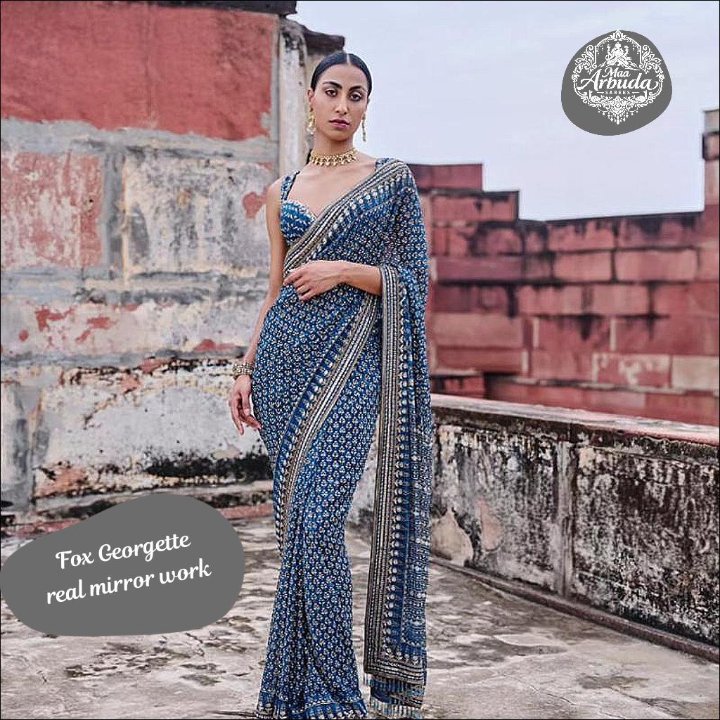 Soft Fox Georgette Saree with Katdana and Mirror Work, Blouse Included!