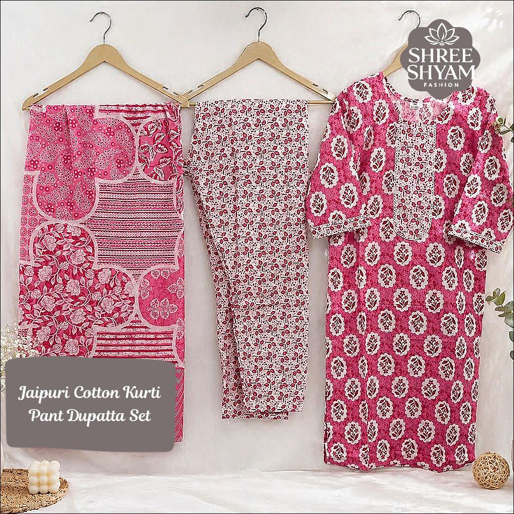 Jaipuri Cotton Kurti Pant Dupatta Set