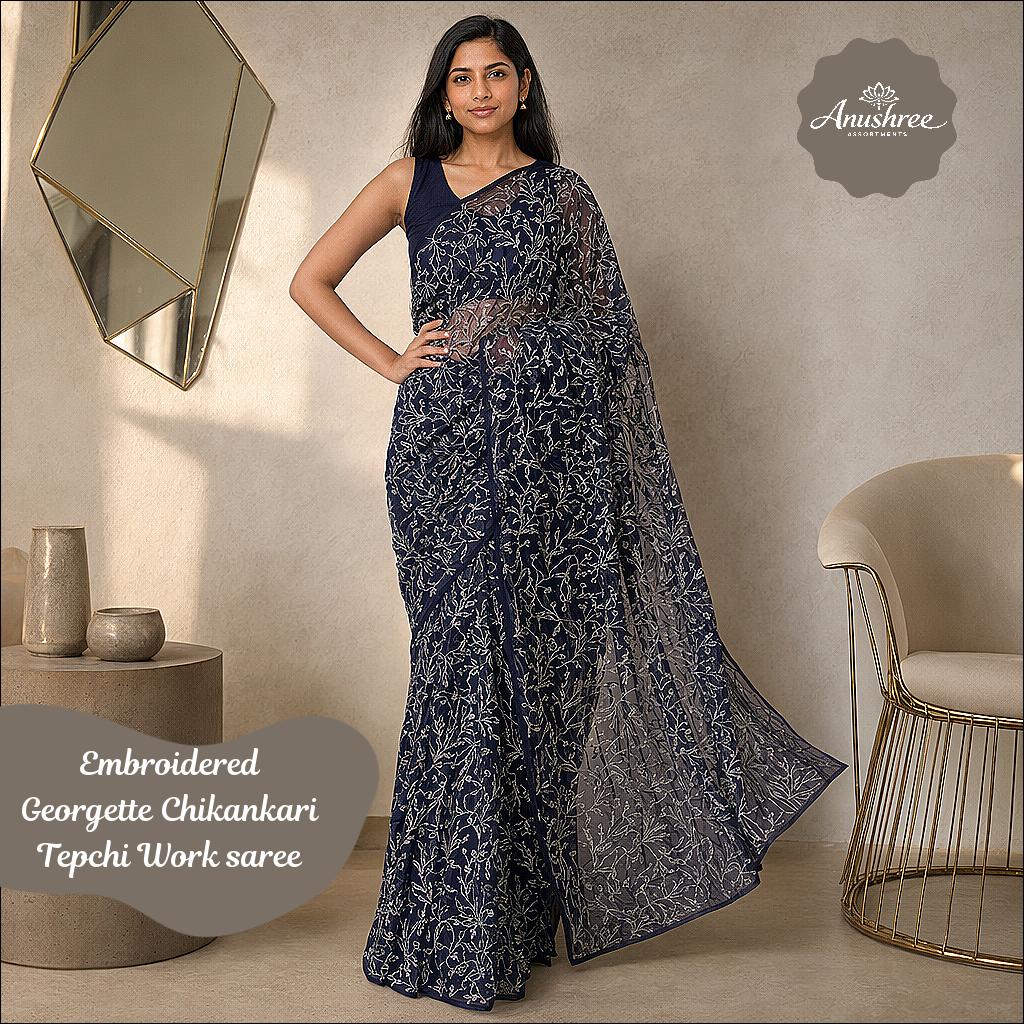 Georgette Chikankari Tepchi Work with Embroidered Border saree