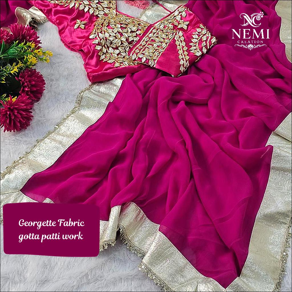 Original Hand Charkhi Gotta Patti Work Georgette Saree with Stitched Aangi Blouse!