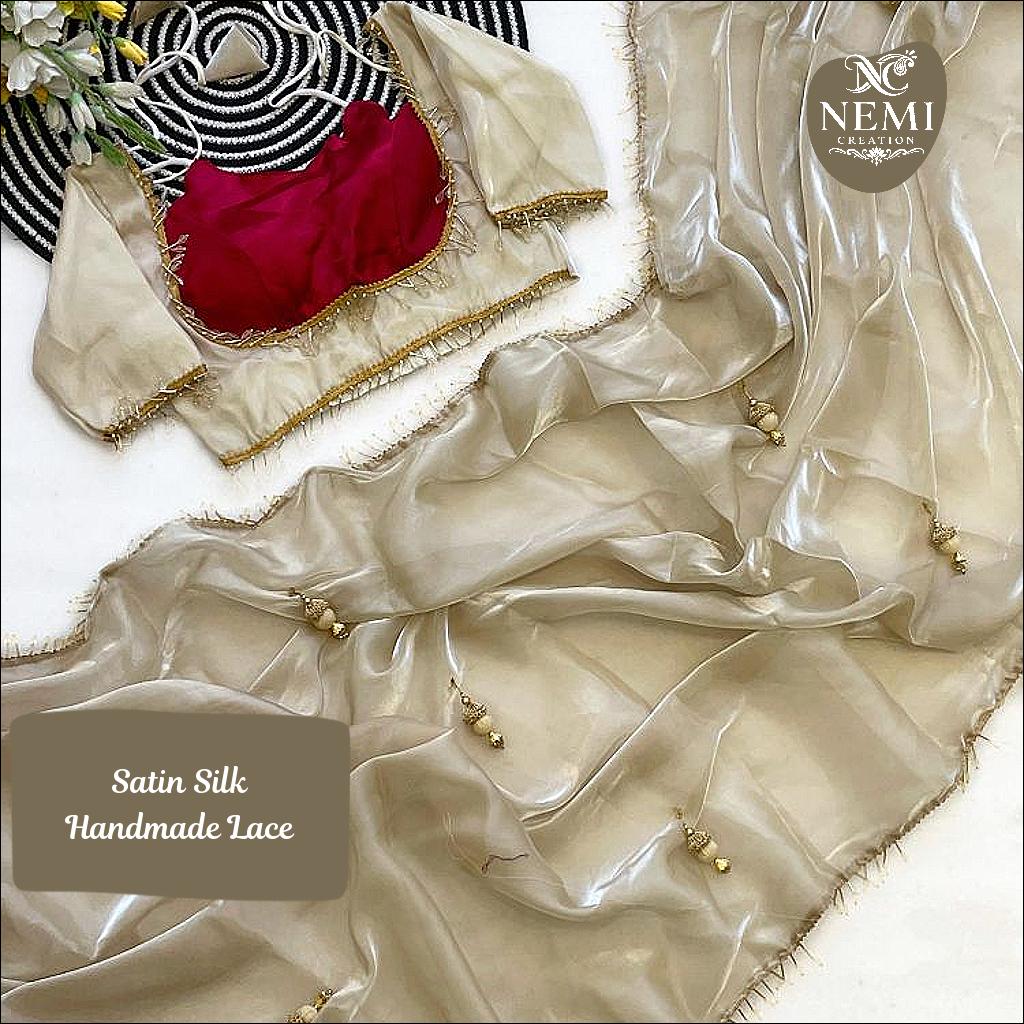 Pure Soft G-MEE Satin Silk Saree with Handmade Lace and Heavy Latkan!