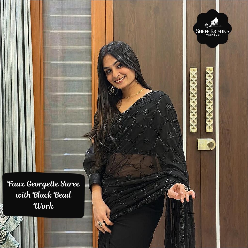 Faux Georgette Saree with Black Bead Work and Cutwork Border