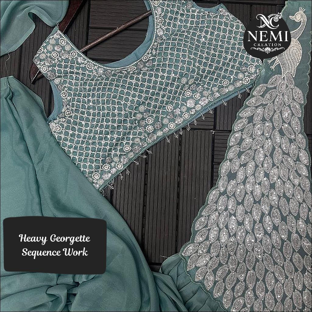 Heavy Georgette Embroidery Sequence Work Ready to Wear Saree with Embroidered Blouse!
