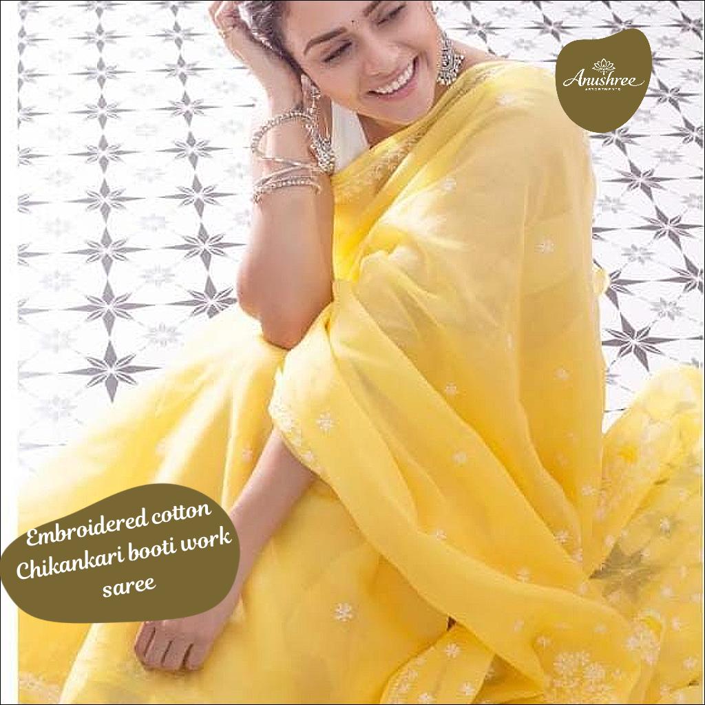 Cotton Chikankari Embroidered Saree with Booti Work