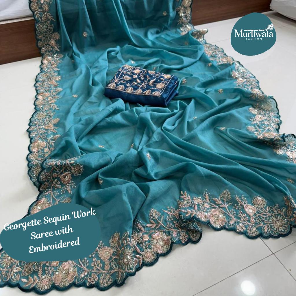 Georgette Sequin Work Saree with Embroidered Blouse